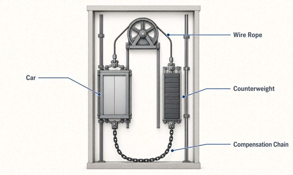 cutaway side elevation diagram of a traction elevator showing the car