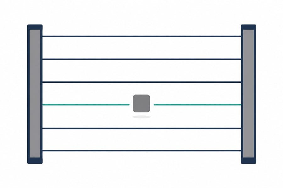 diagram of an elevator light curtain with two vertical bars and a grid of infrared beams, one beam blocked by an obstruction