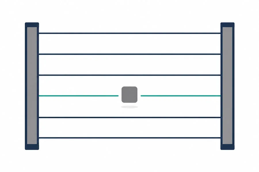 diagram of an elevator light curtain with two vertical bars and a grid of infrared beams, one beam blocked by an obstruction