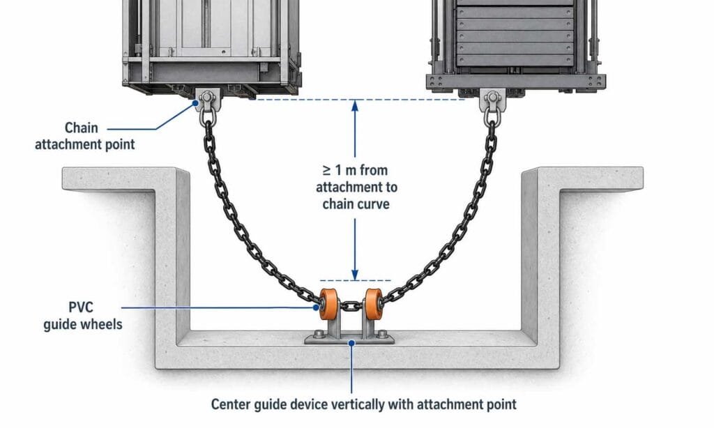 elevator pit cutaway diagram showing correct compensation chain installation with pvc guide wheels, chain attachment points, and the minimum 1 meter clearance requirement