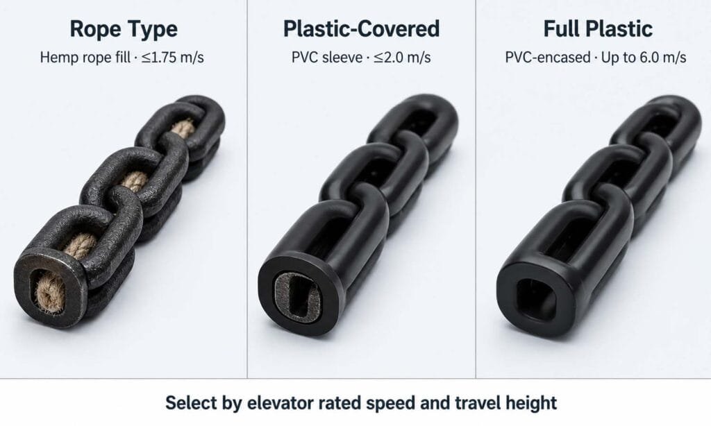 side by side comparison of three elevator compensation chain types