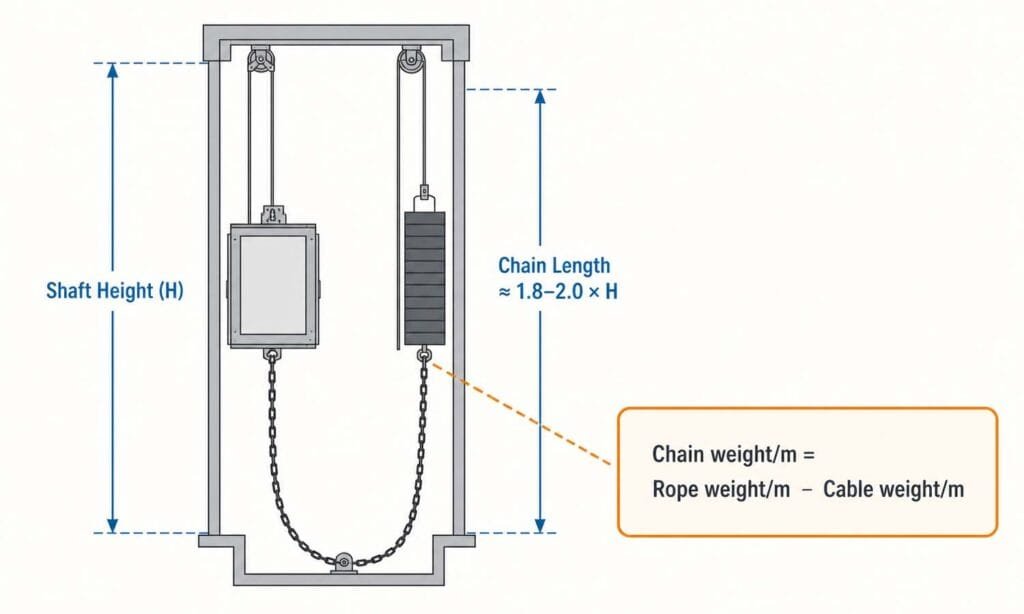 technical diagram showing elevator shaft height and the compensation chain length formula